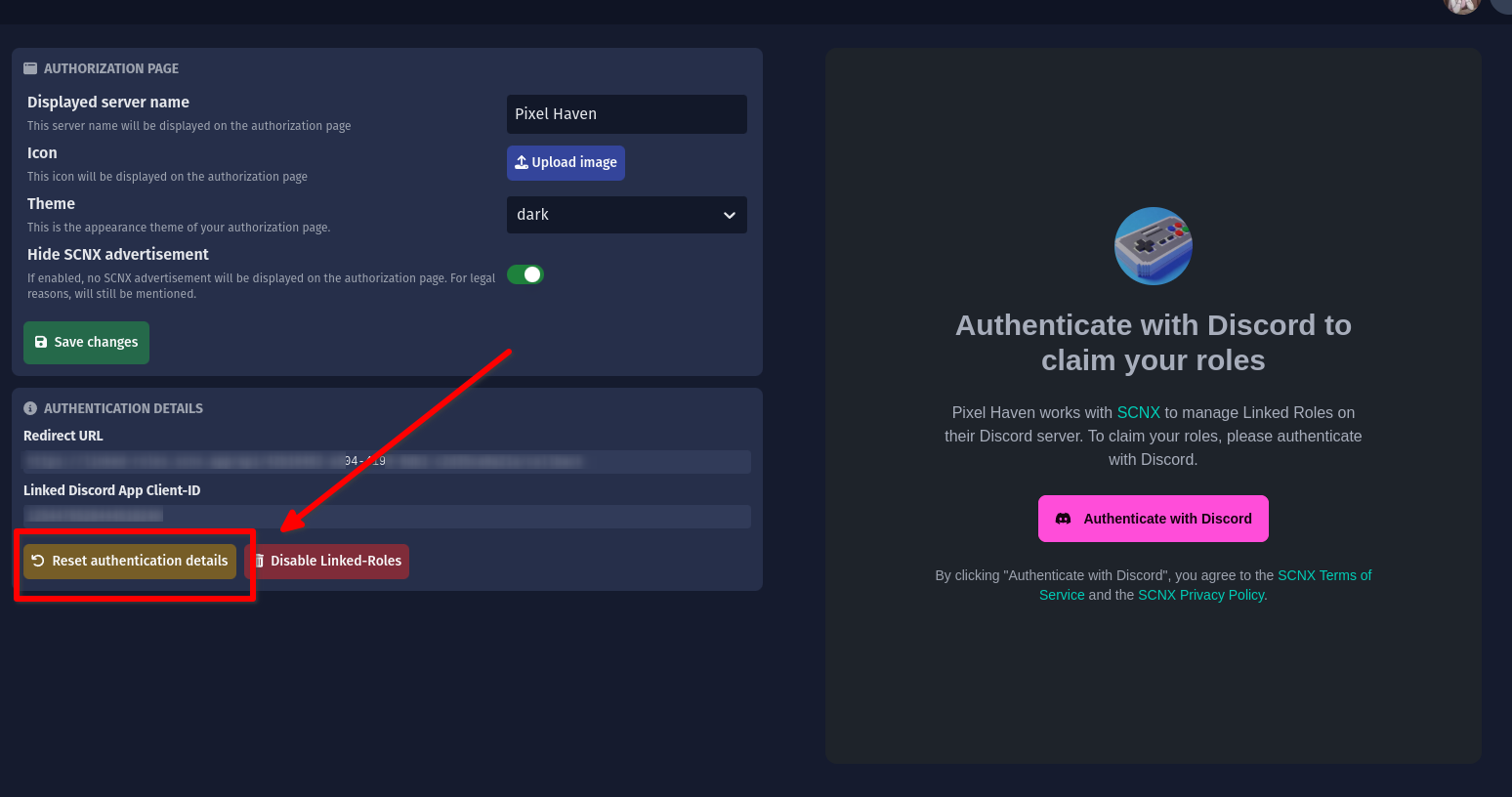 Screenshot where the "Reset authentification details" is located
